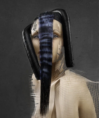 A long black straight quirky avant garde hairstyle by X-Presion