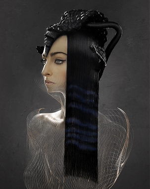 A long black straight quirky avant garde hairstyle by X-Presion