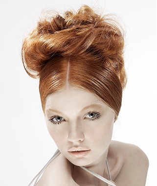 A long red straight top knot OFFICE hairstyle by Michael Barnes