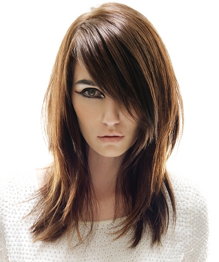 A long brown straight coloured Layered Womens haircut hairstyle by Tigi