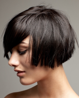 A medium black straight cropped choppy bob Layered hairstyle by Jean Louis David