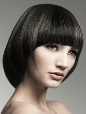 A medium black straight coloured bob Modern hairstyle by Beverly C