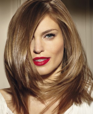 A long brown straight coloured multi tonal feathered hairstyle by Franck Provost