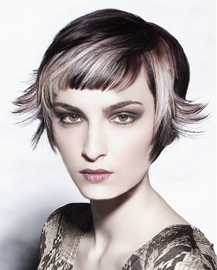 A short black straight coloured multi-tonal blonde-tips dip dye hairstyle by William De Ridder